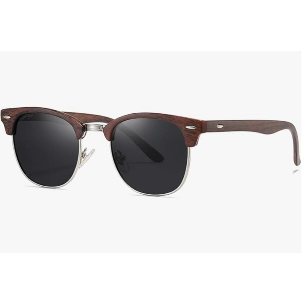 Polarized Sunglasses Semi Rimless Frame Retro WOOD GRAIN